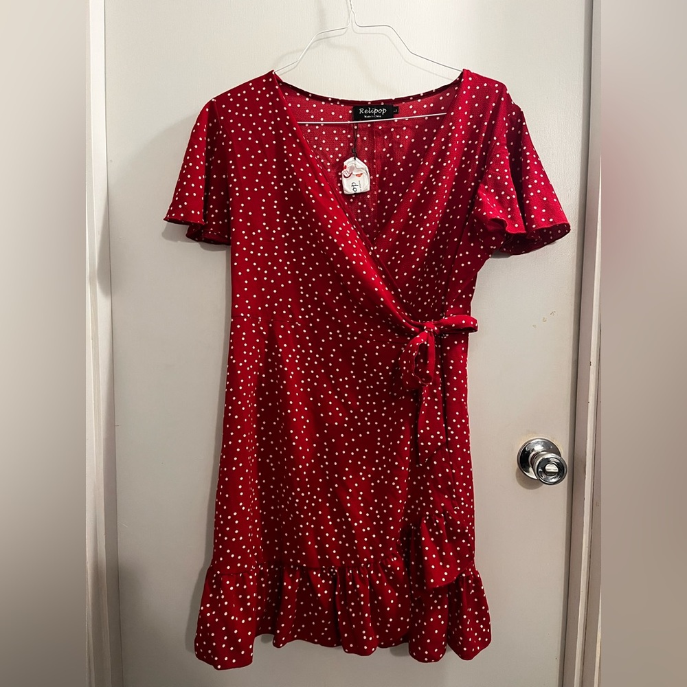 Size large wrap red polka dot dress